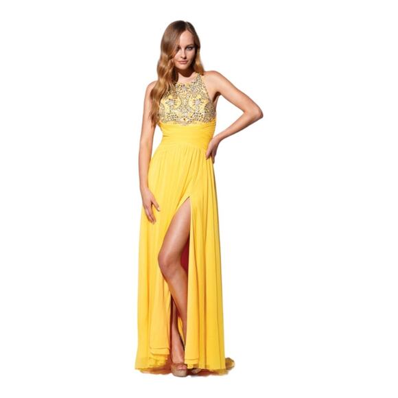 Terani Couture Yellow Open Leg Slit Cross Back Sleeveless Prom Dress Size 4 - Picture 1 of 10